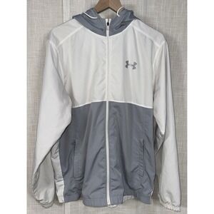 Under Armour Jacket Men's L Large Hooded Rain Windbreaker Full Zip White Gray
